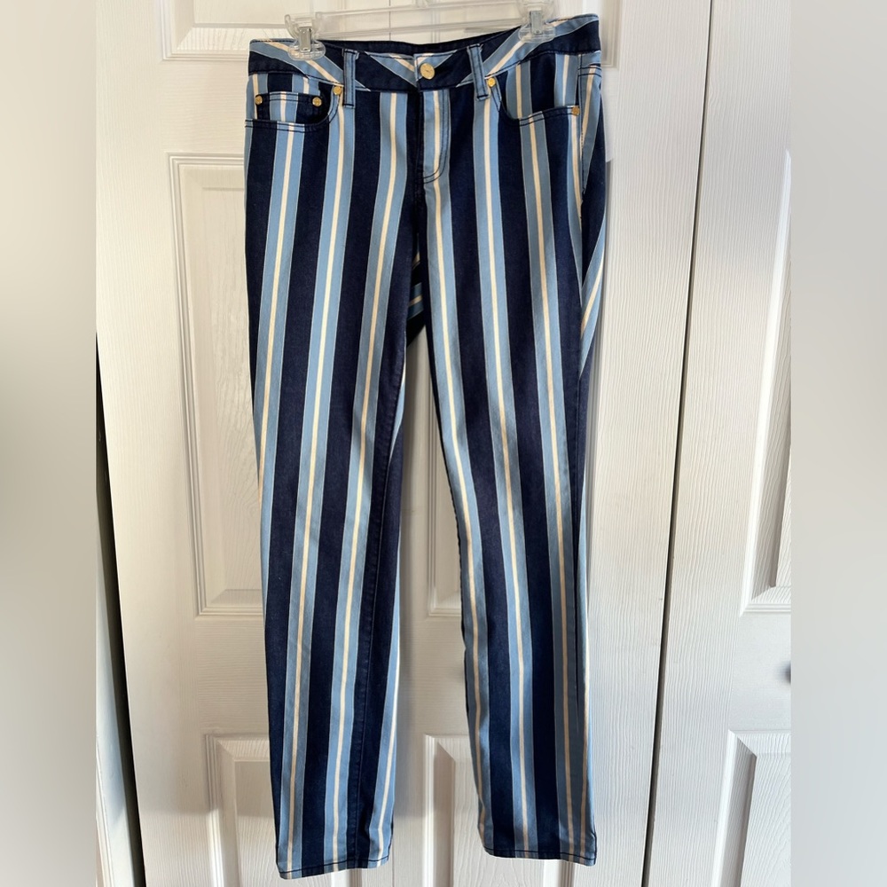 Tory Burch Blue Striped Super Skinny Jeans. Size 30. Pre-owned, great condition.